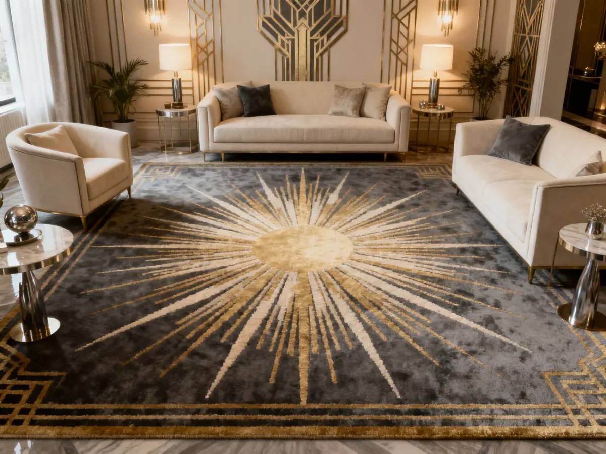 Dywan z promienistym motywem Sunburst jako centralny punkt salonu