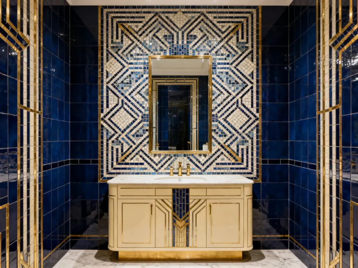 Symetryczna ściana akcentowa z mozaiką w łazience art deco