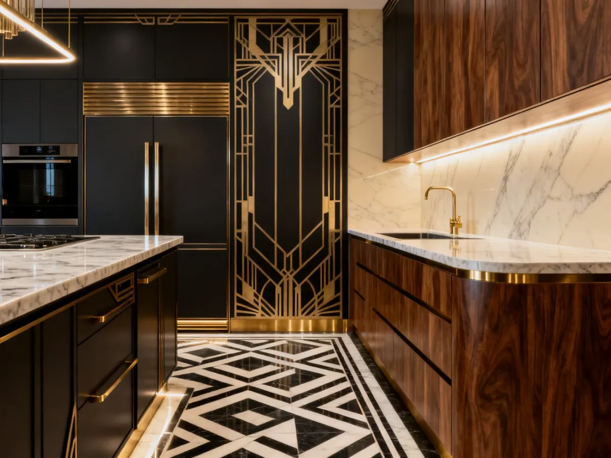 Geometryczne detale i szlachetne materiały w eleganckiej kuchni art deco