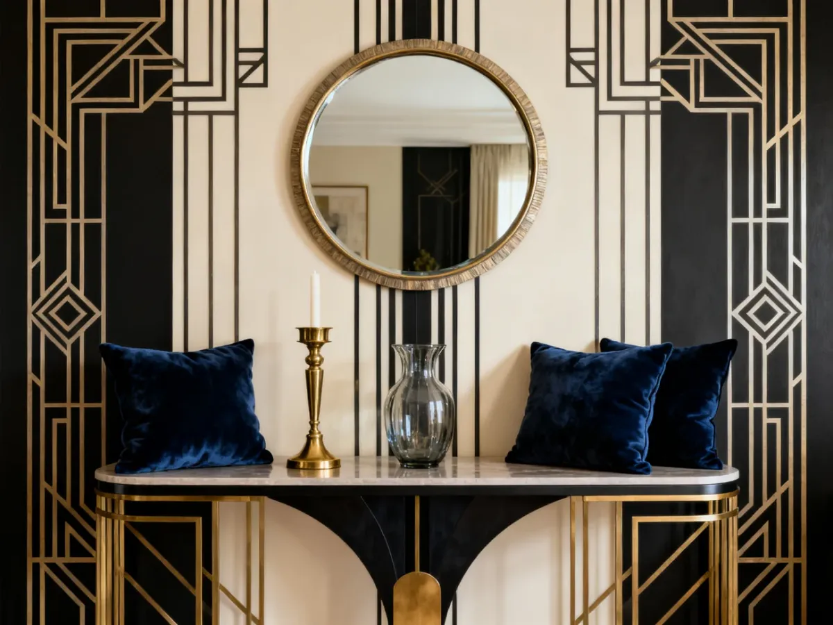 Elegancka kompozycja dodatków Art Deco z geometrycznymi formami i złotymi detalami