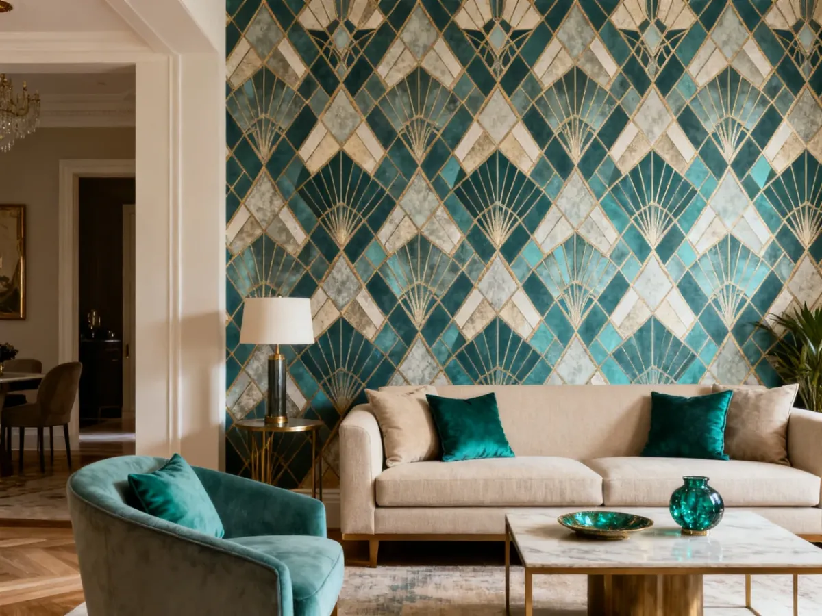 Salon art déco z geometryczną tapetą i prostymi meblami