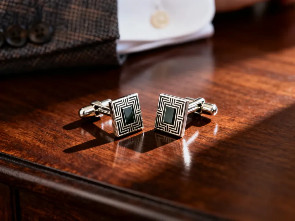 Eleganckie spinki do mankietów w stylu art deco ze srebra i onyksu, spoczywające na mahoniowym stole.
