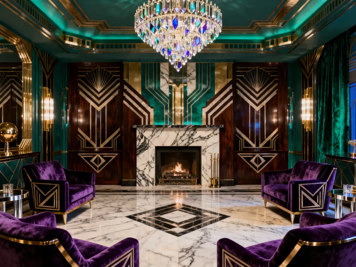 Elegancki salon w stylu Art Deco z kryształowym żyrandolem i geometrycznymi detalami