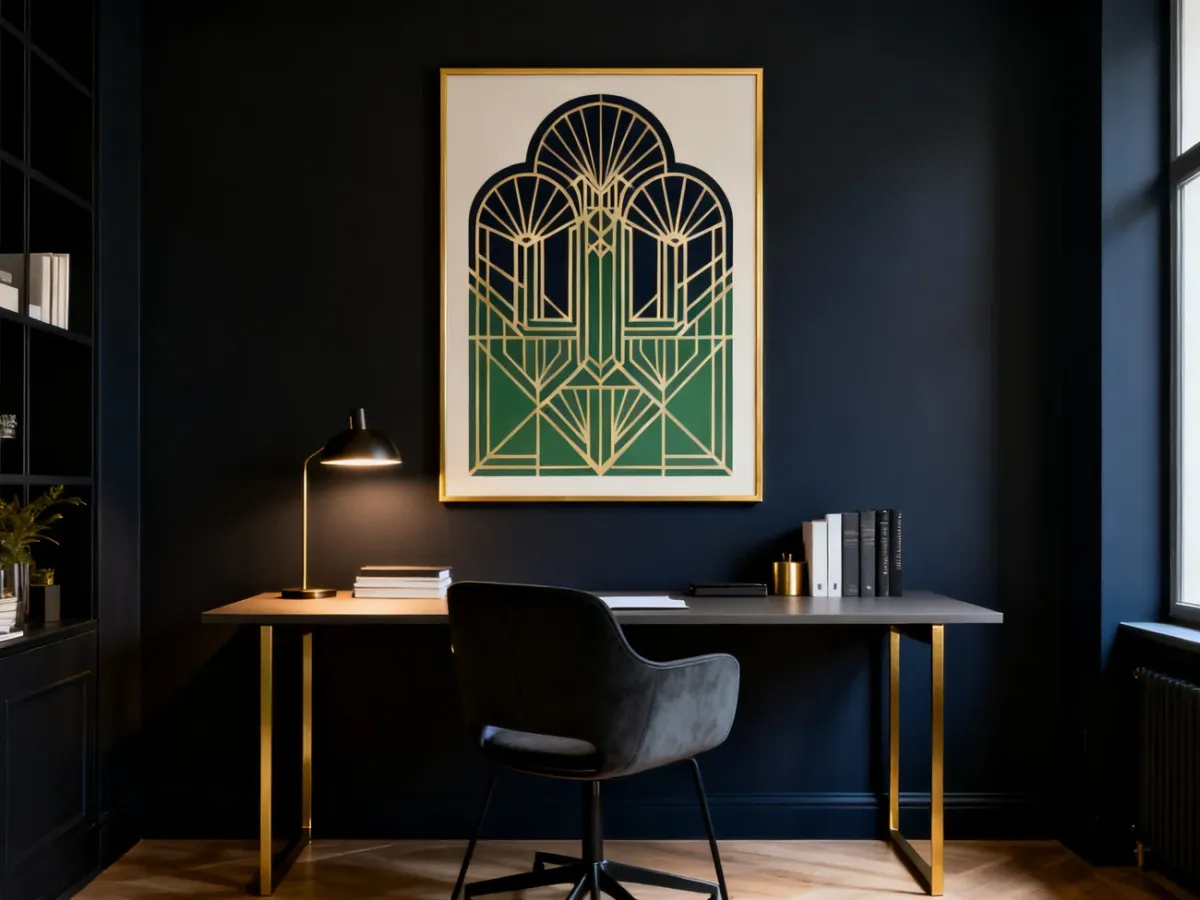 Plakat art deco nad biurkiem w uporządkowanym domowym biurze