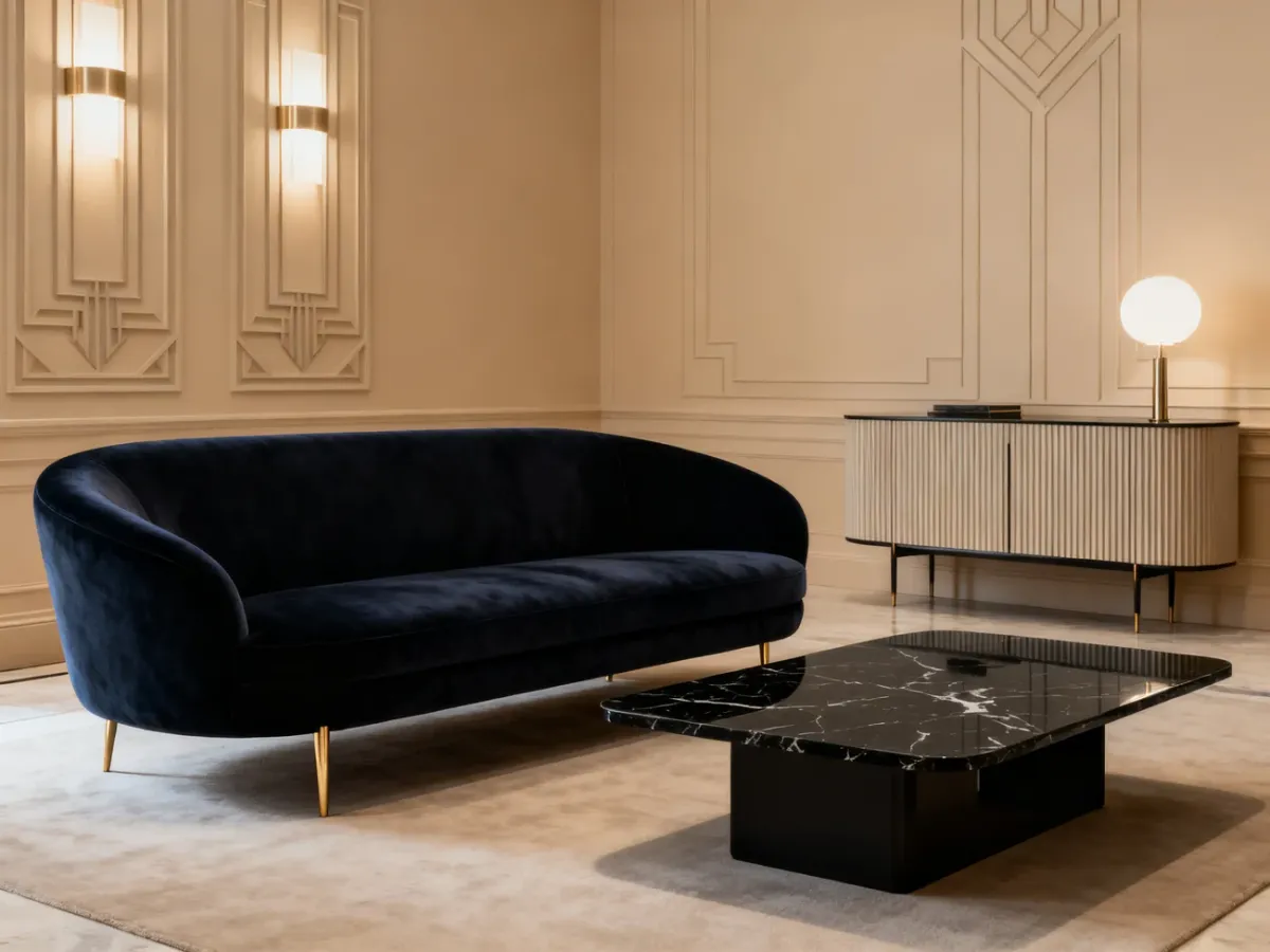 Nowoczesny salon z granatową sofą i meblami inspirowanymi art deco