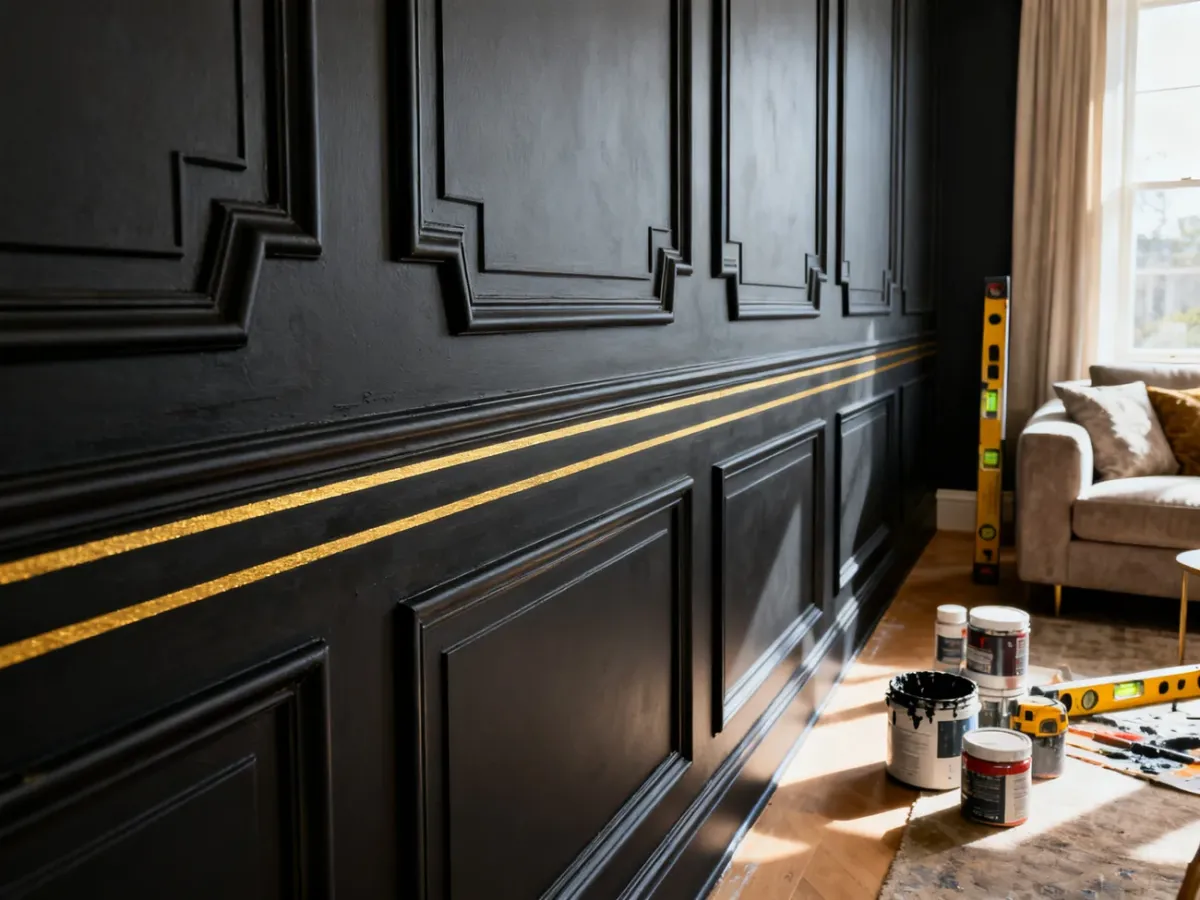 Ściana w stylu Art Deco ozdobiona geometryczną sztukaterią i złotymi liniami