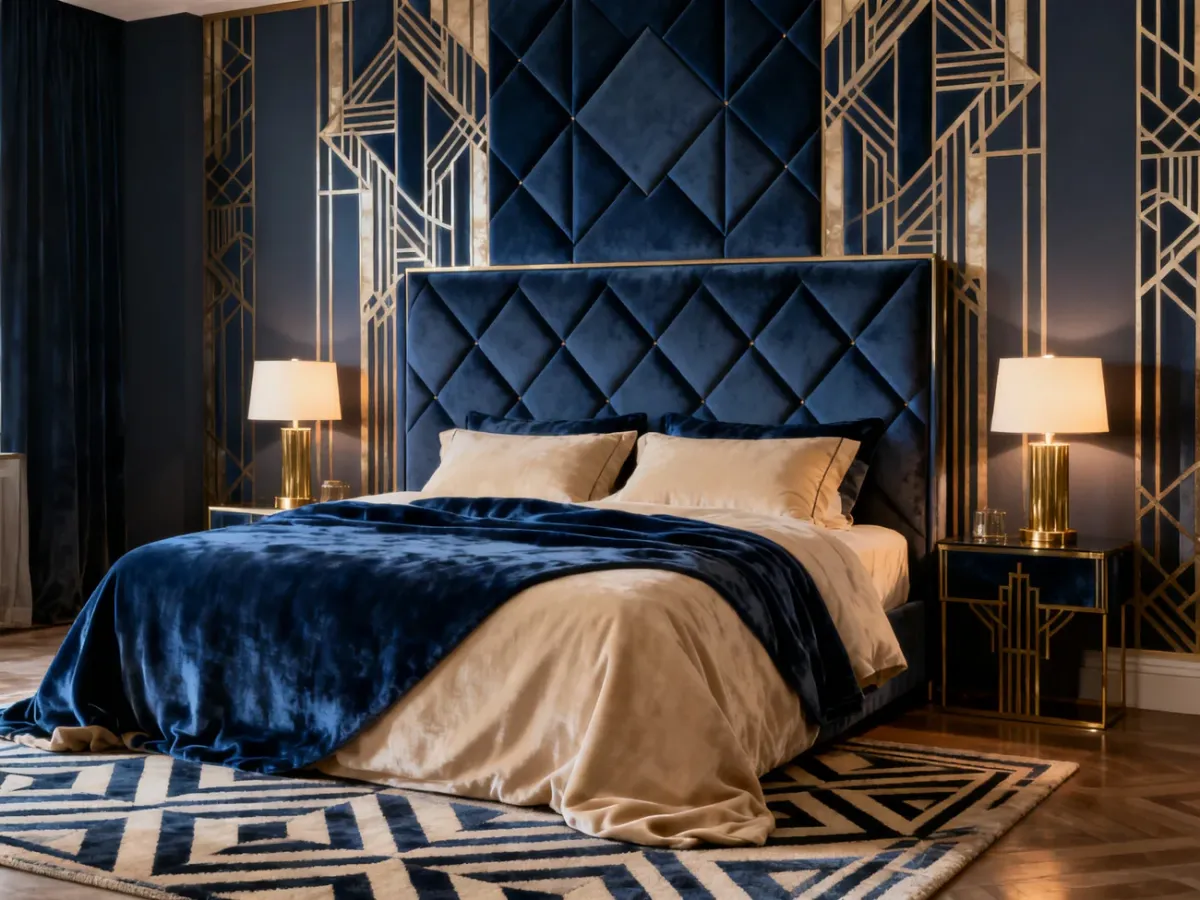 Sypialnia Art Deco z tapicerowanym zagłówkiem w geometryczny wzór