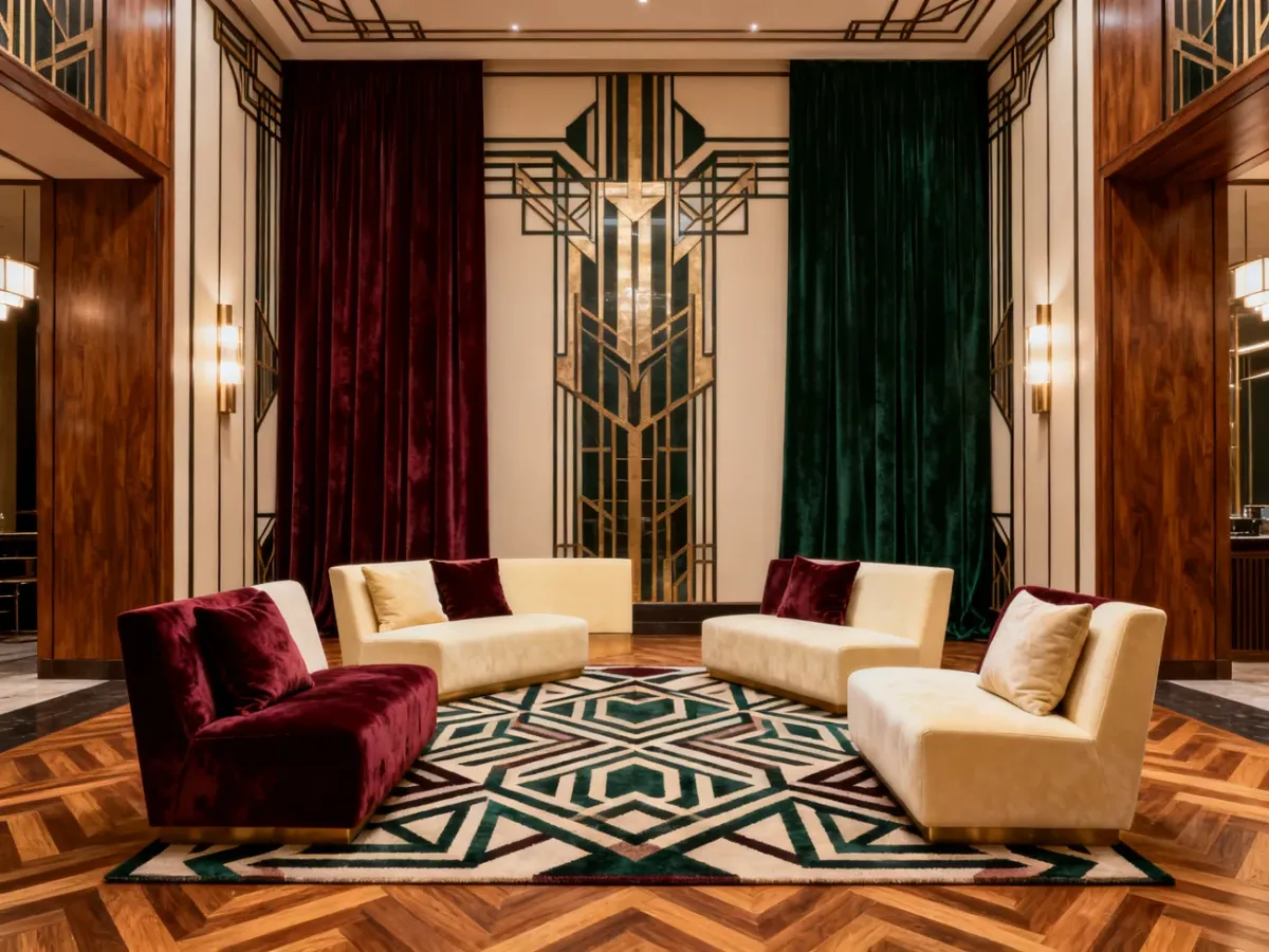 Salon art déco z parkietem w jodełkę, geometrycznym dywanem i ciężkimi zasłonami