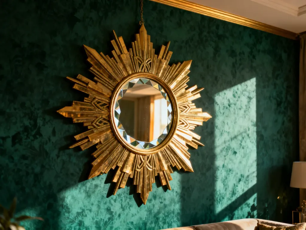 Eleganckie lustro w stylu art deco w kształcie słońca ze złotymi promieniami na tle szmaragdowej tapety w salonie.