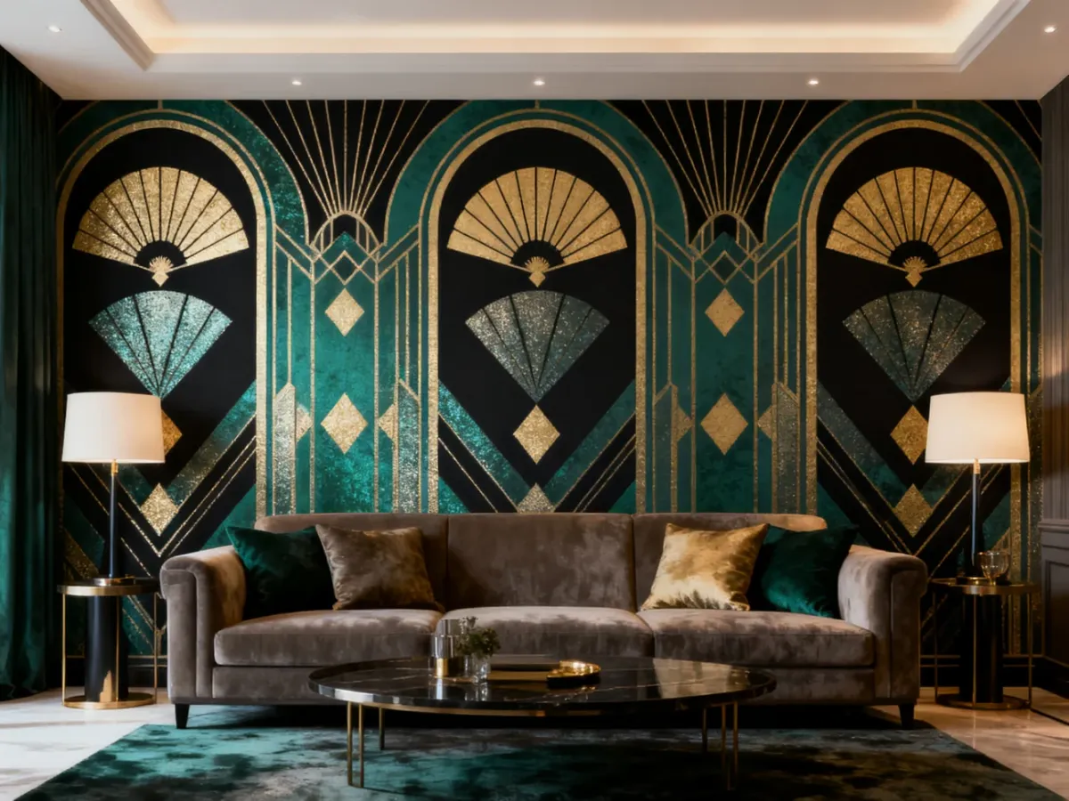 Elegancka tapeta Art Deco z geometrycznym wzorem wachlarzy i rombów