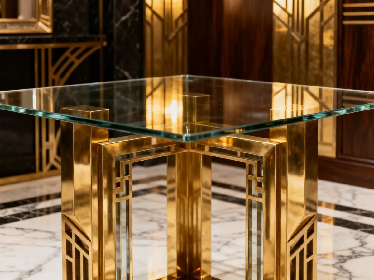 Geometryczna podstawa stolika Art Deco z mosiądzu i szkła
