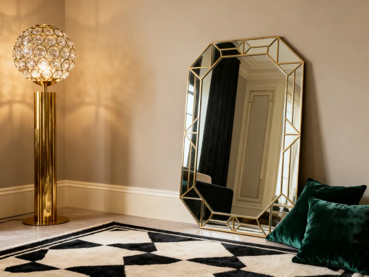 Dodatki neo art deco z geometrycznym lustrem i dekoracyjną lampą