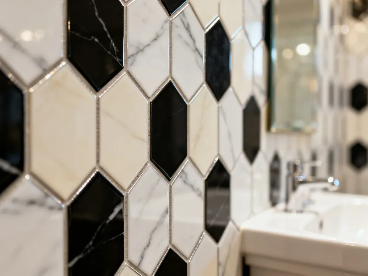 Geometryczna heksagonalna mozaika art deco na ścianie łazienki