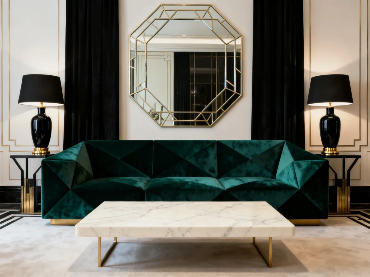 Elegancki salon art déco z geometryczną sofą, marmurowym stolikiem i dużym lustrem