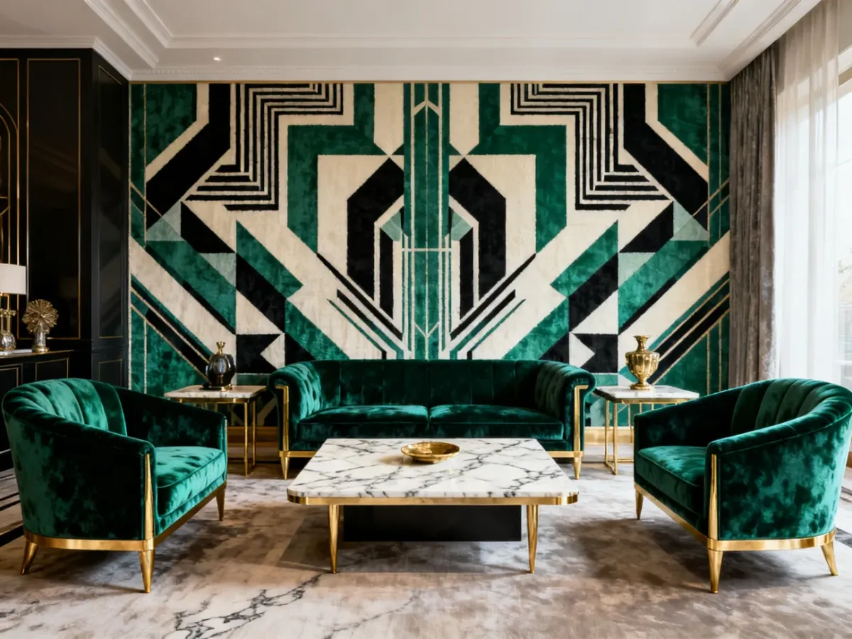 Geometryczny wzór art déco zestawiony z aksamitem, marmurem i złotymi akcentami