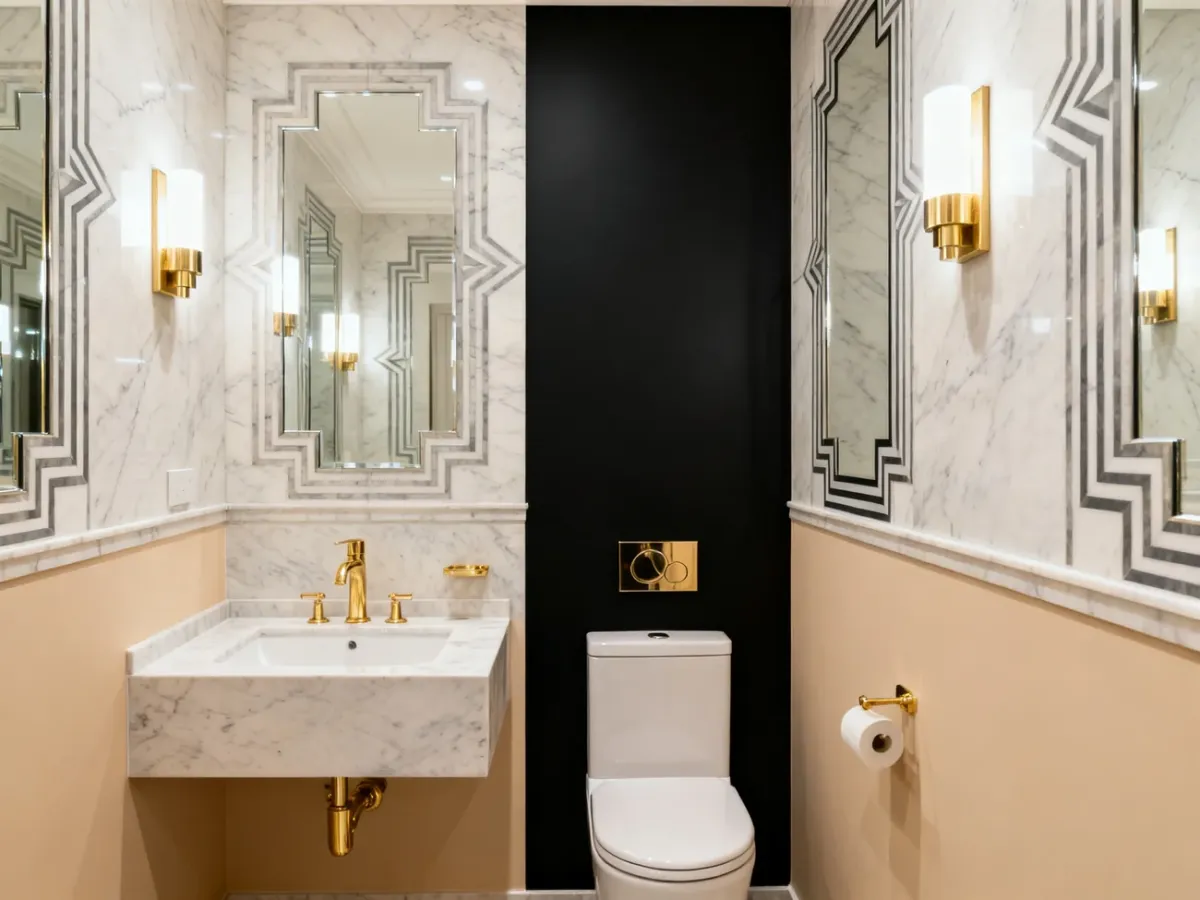 Mała jasna łazienka art deco z czarną ścianą akcentową i złotą armaturą