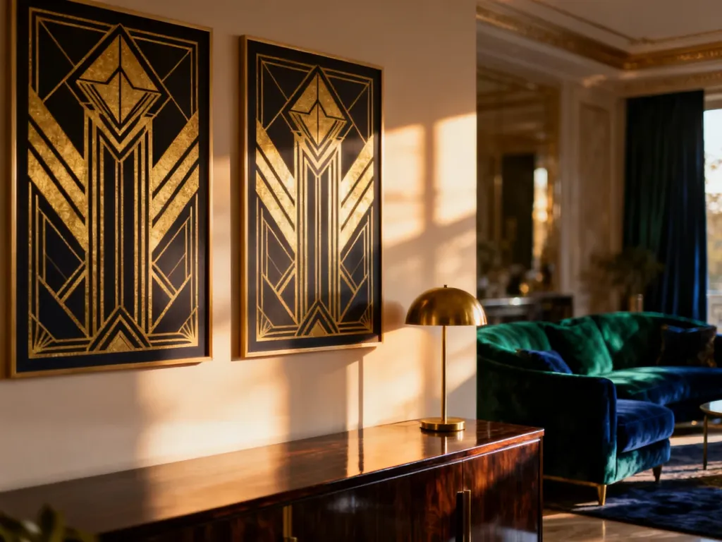 Elegancki salon w stylu art deco z geometrycznymi plakatami, mosiężną lampą i luksusowymi meblami w odcieniach szmaragdu.
