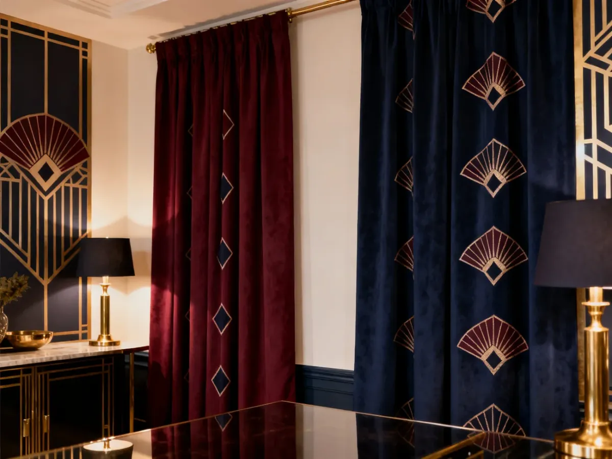 Wzorzyste zasłony w głębokich kolorach w aranżacji Art Deco