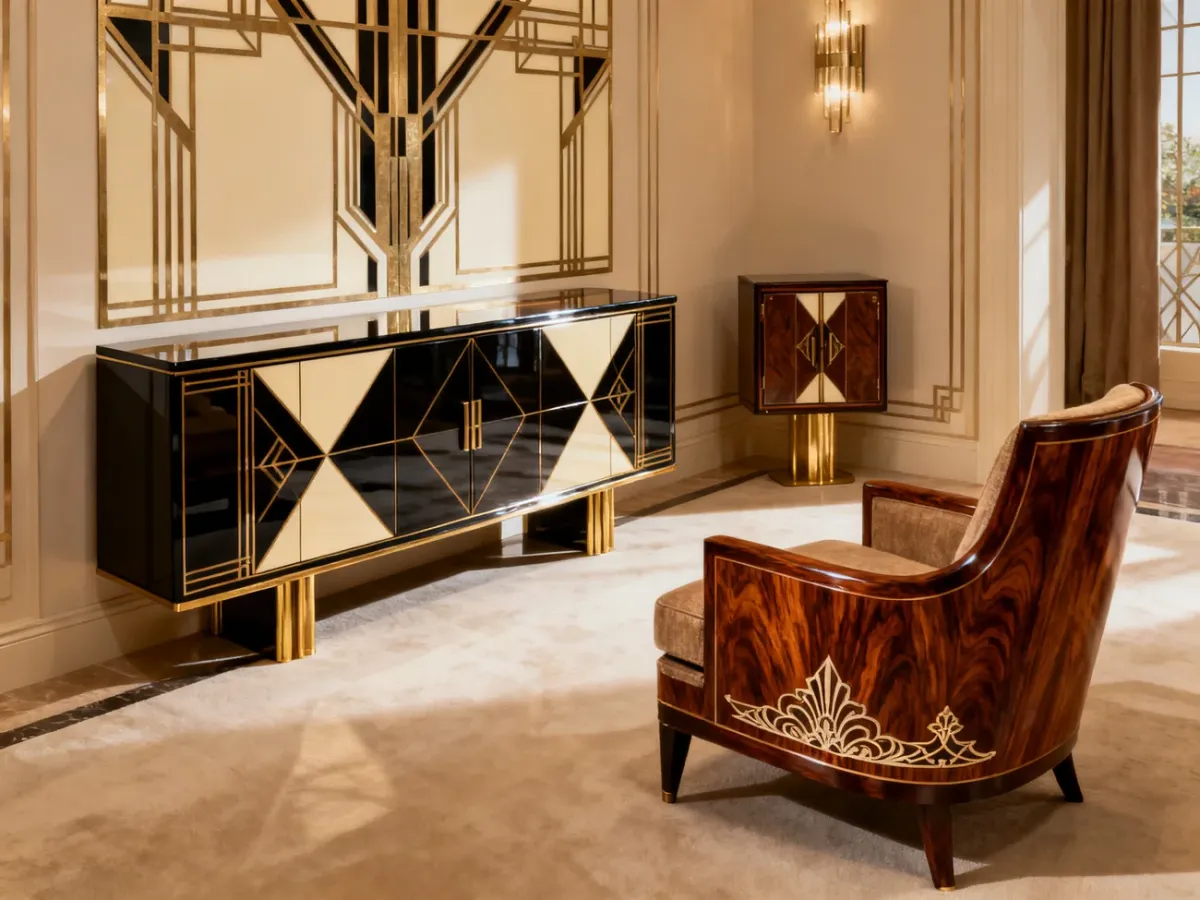 Zestaw eleganckich mebli art déco z fornirowanymi powierzchniami i geometrycznymi formami