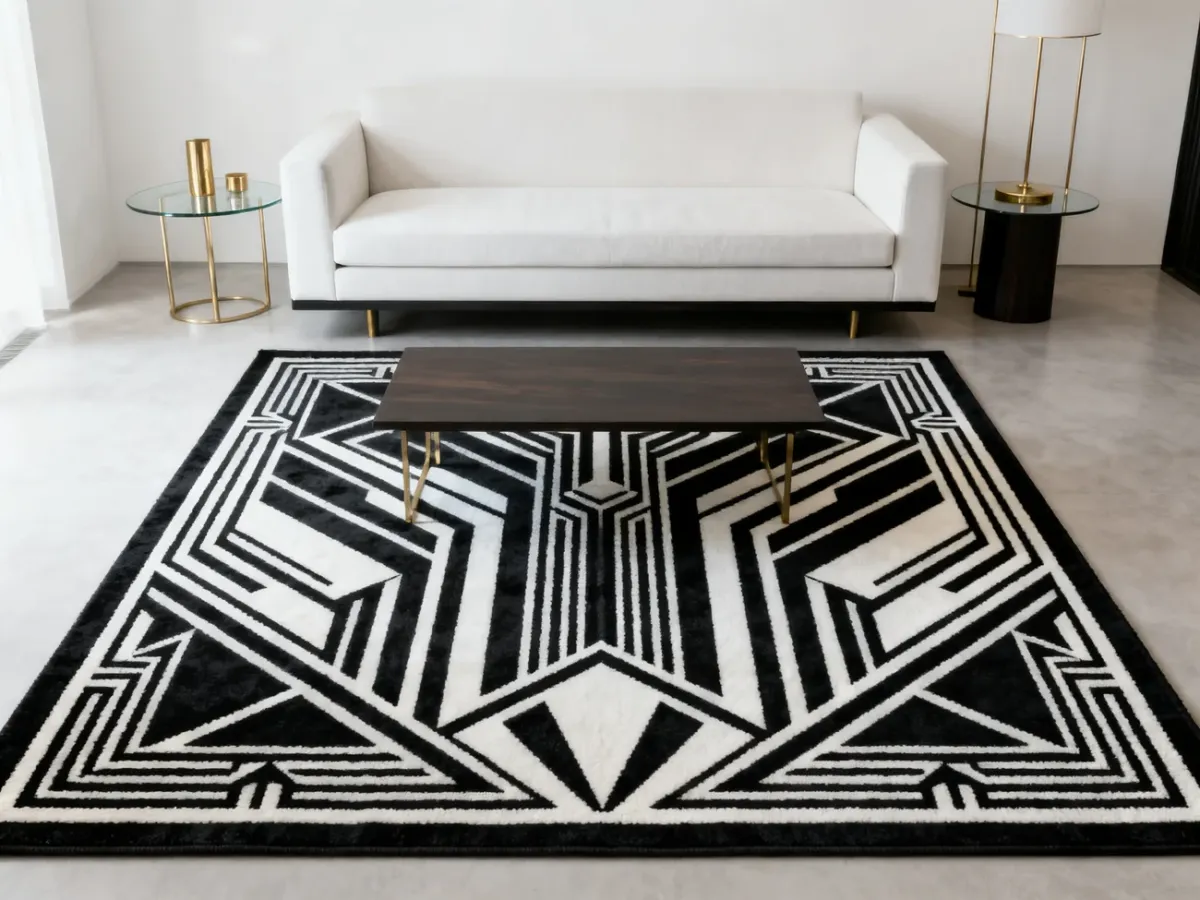 Czarno-biały geometryczny dywan Art Deco w minimalistycznym salonie