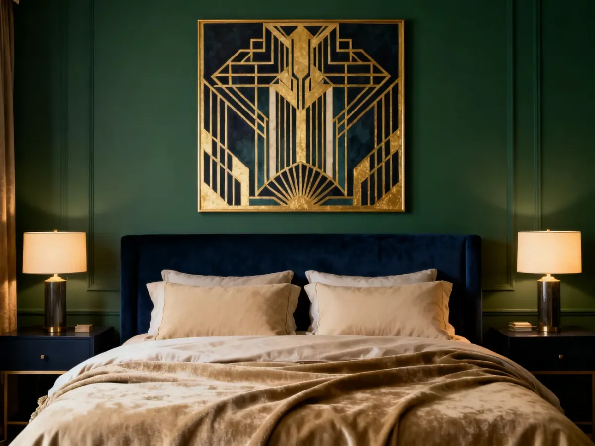 Wyrazisty plakat art deco nad łóżkiem w eleganckiej sypialni