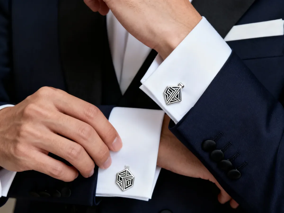 Spinki Art Deco przy białej koszuli i granatowym garniturze