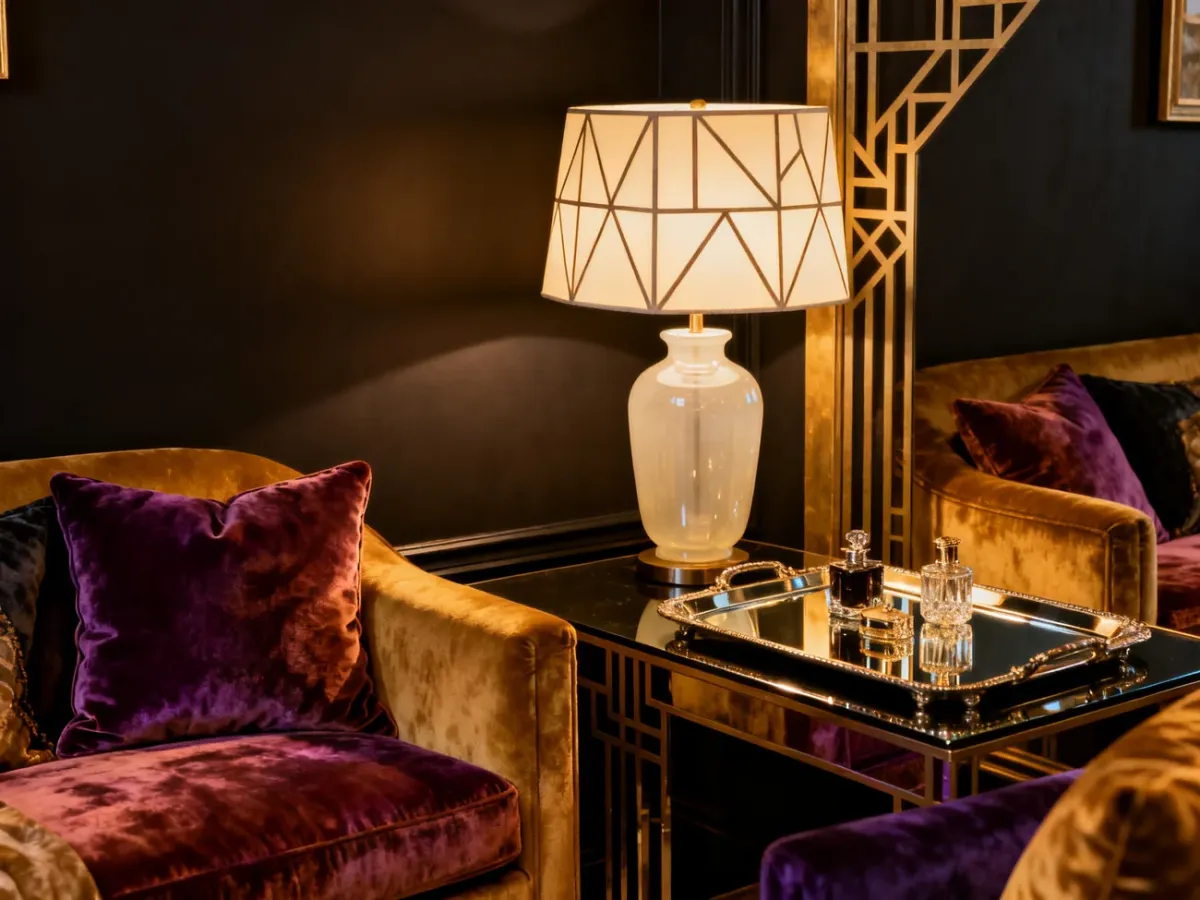 Kącik wnętrza Art Deco z lampą o mlecznym kloszu i welurowymi dodatkami