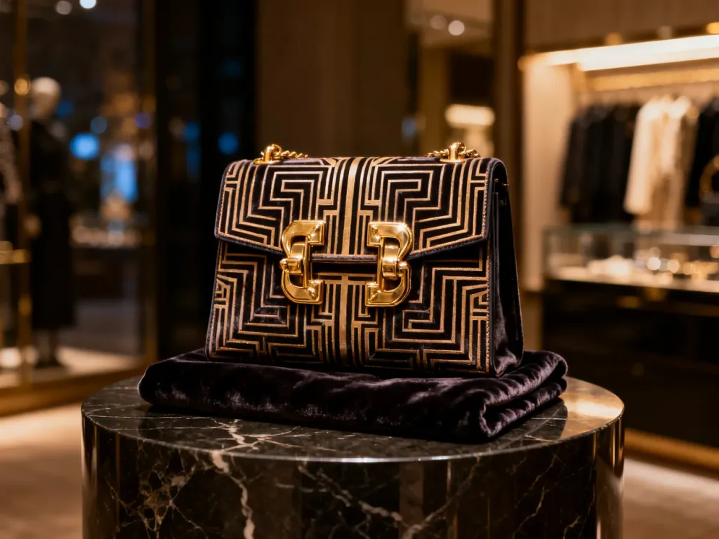 Elegancka torebka w stylu art deco z geometrycznymi wzorami i złotymi detalami, wyeksponowana na marmurowym postumencie.