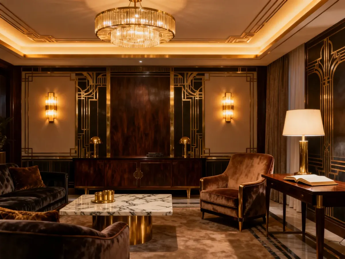 Salon art deco z wielopoziomowym, ciepłym oświetleniem