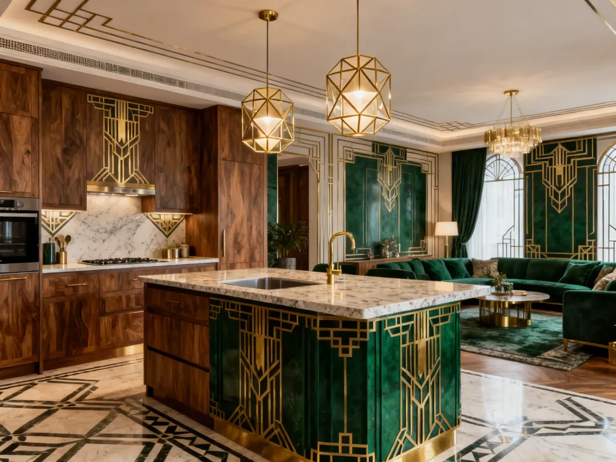 Kuchnia art deco otwarta na salon ze spójnymi materiałami i kolorami