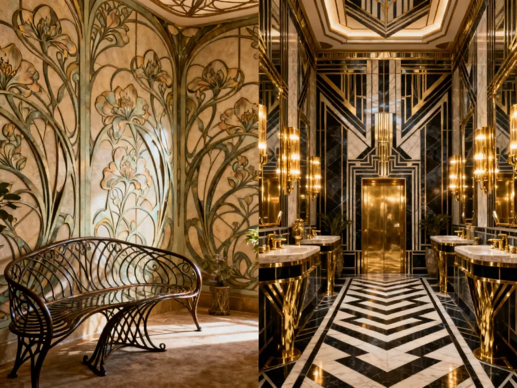 Zestawienie wnętrz: po lewej organiczne formy Art Nouveau, po prawej geometryczna elegancja i złote akcenty stylu Art Deco.