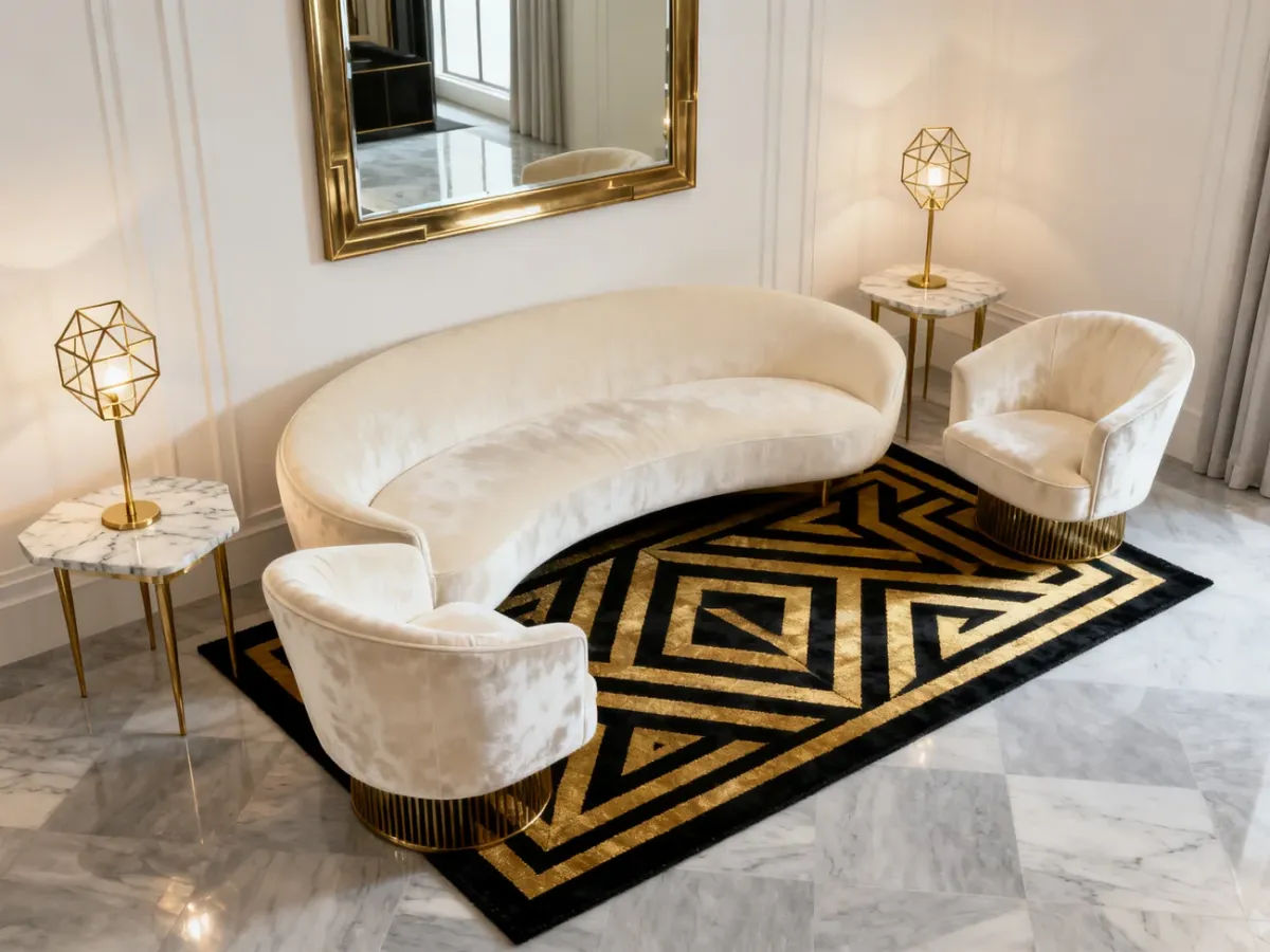 Kompaktowe wnętrze art deco z lustrem i geometrycznymi dodatkami