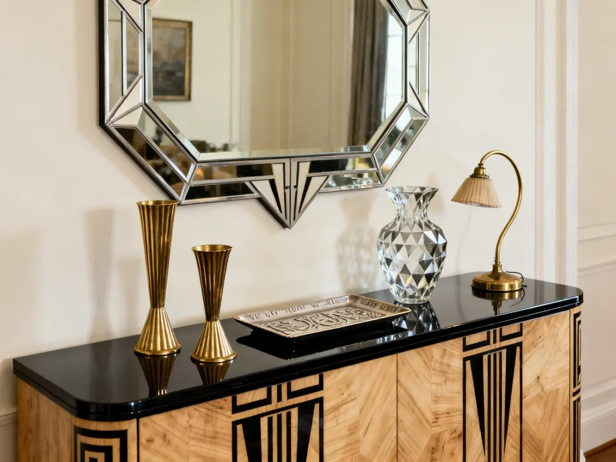 Dekoracje Art Deco na konsoli z geometrycznym lustrem i mosiężnymi dodatkami