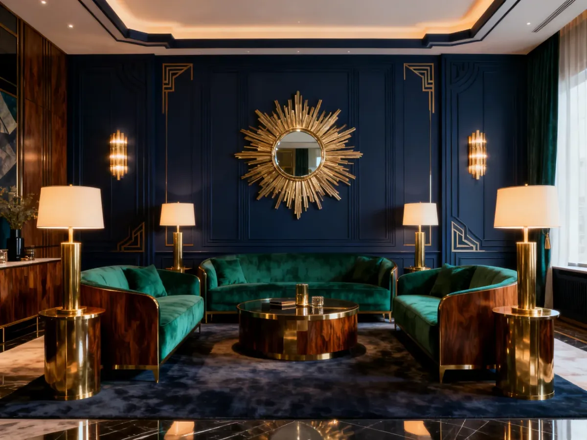 Elegancki salon w stylu art déco z symetrycznym układem i lustrem typu słońce