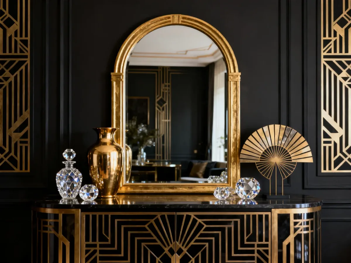 Dekoracje Art Deco z łukowym lustrem, mosiężnym wazonem i szklanymi dodatkami