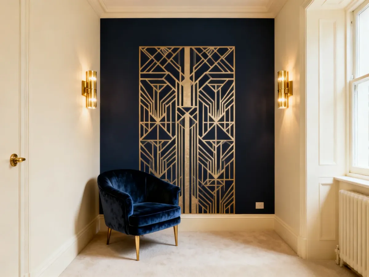Małe wnętrze art déco z granatową ścianą akcentową i jasną bazą