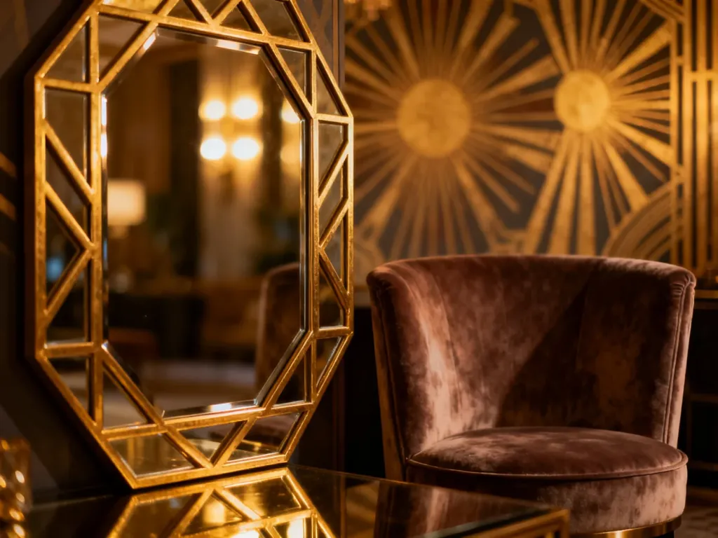 Elegancki salon w stylu art deco z welurowym fotelem, złotym lustrem i tapetą z motywem promieni słońca.