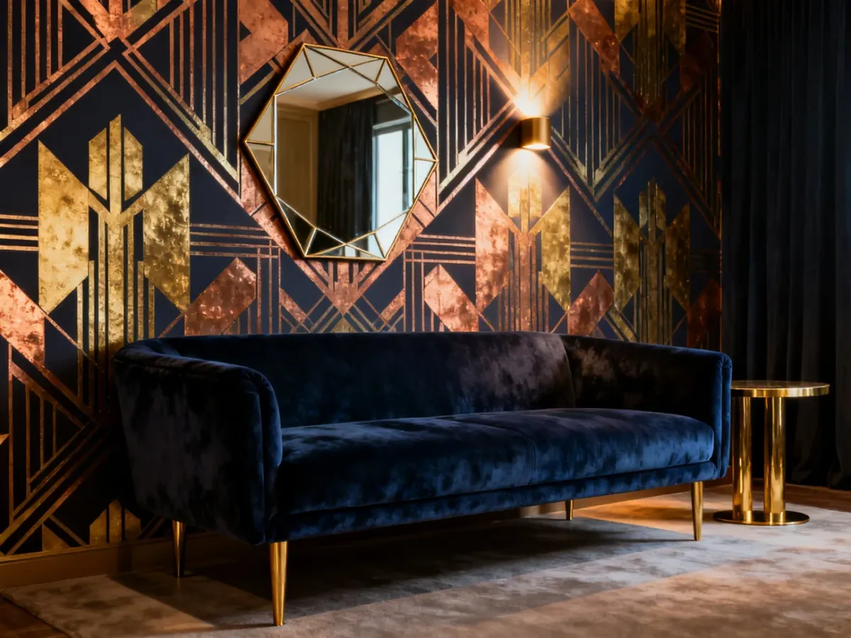 Salon z tapetą Art Deco, aksamitną sofą i oświetleniem podkreślającym metaliczne detale