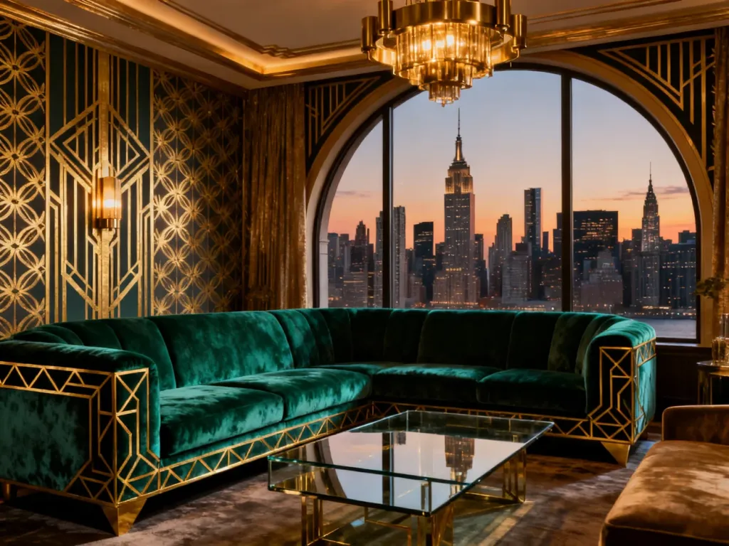Luksusowy salon w stylu nowojorskim z szmaragdową sofą, złotymi akcentami i widokiem na panoramę Manhattanu.