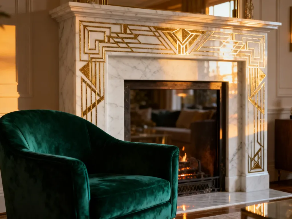 Luksusowy kominek z białego marmuru ze złotymi zdobieniami w stylu art deco oraz szmaragdowy fotel w eleganckim salonie.