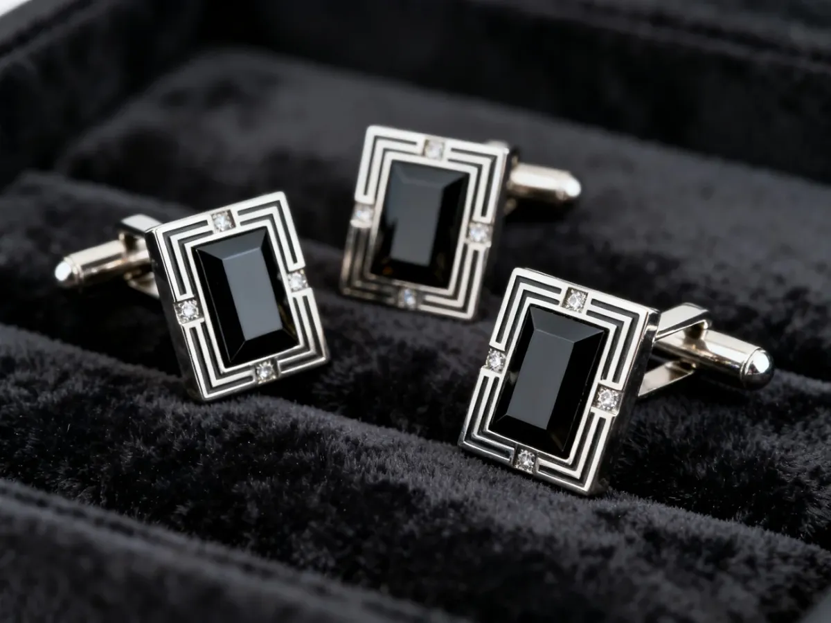 Geometryczne spinki Art Deco z czarnym onyksem i jasnym metalem