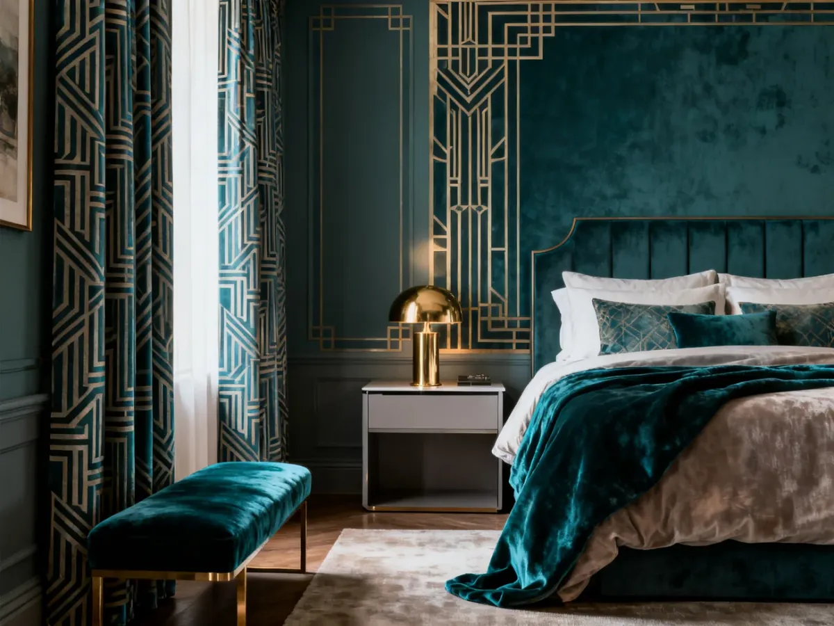 Kameralna sypialnia inspirowana stylem Gatsby’ego z miękkimi tkaninami