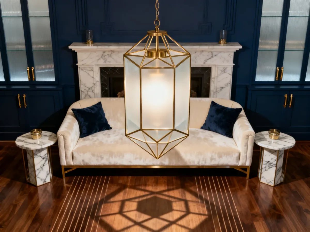 Geometryczna mosiężna lampa wisząca w eleganckim wnętrzu art deco