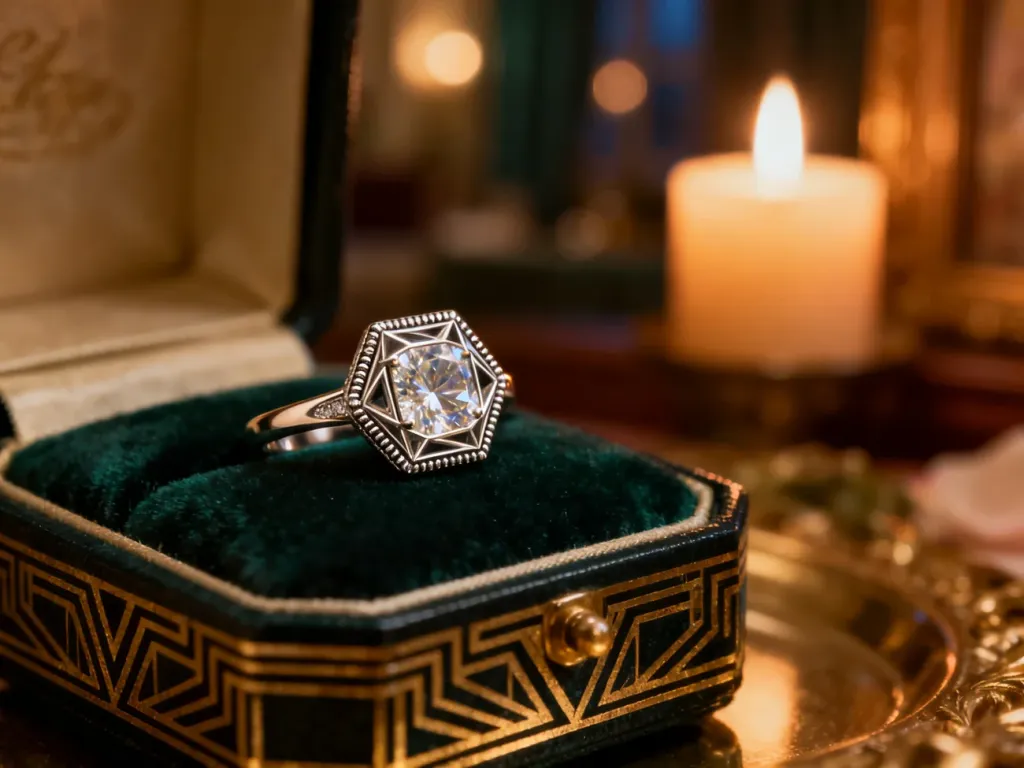 Elegancki pierścionek zaręczynowy w stylu art déco z geometrycznym diamentem na aksamitnym pudełku w romantycznym wnętrzu.