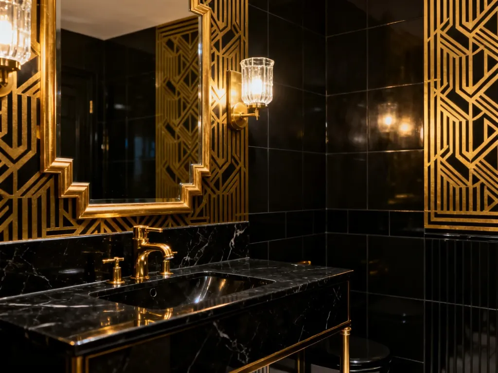 Luksusowa łazienka w stylu art deco z czarnym marmurem, złotą armaturą i geometrycznymi wzorami na ścianach.