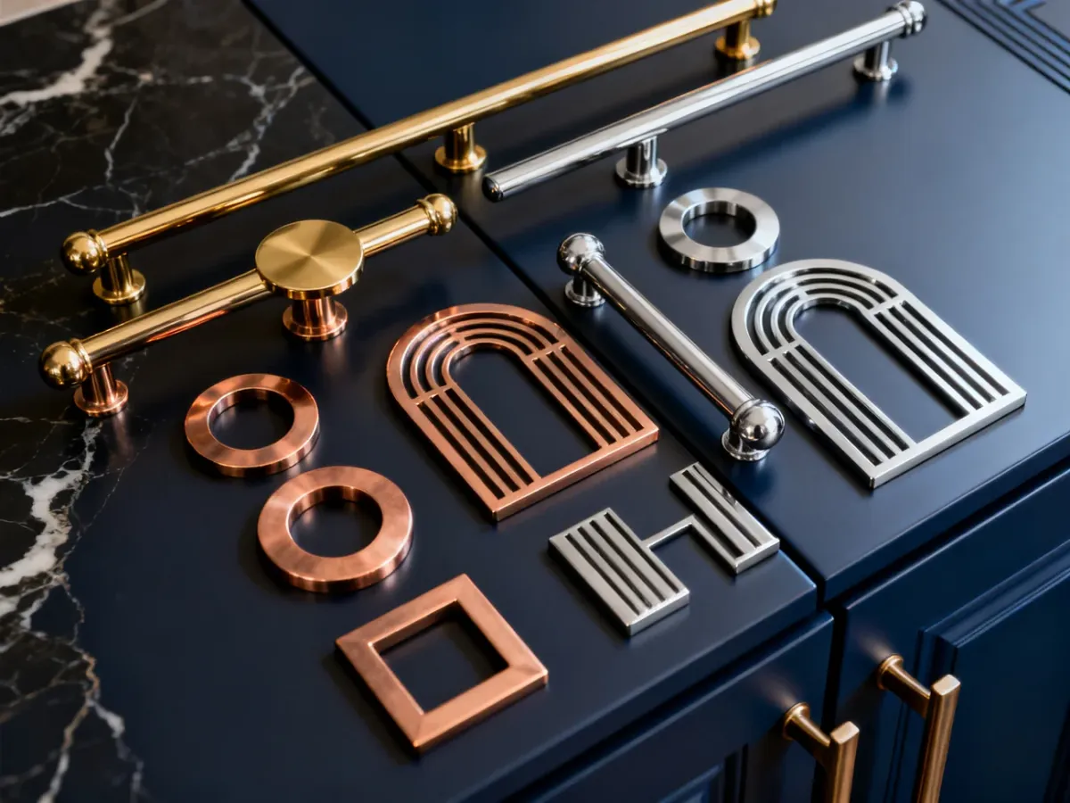 Geometryczne uchwyty meblowe art deco w różnych metalicznych wykończeniach