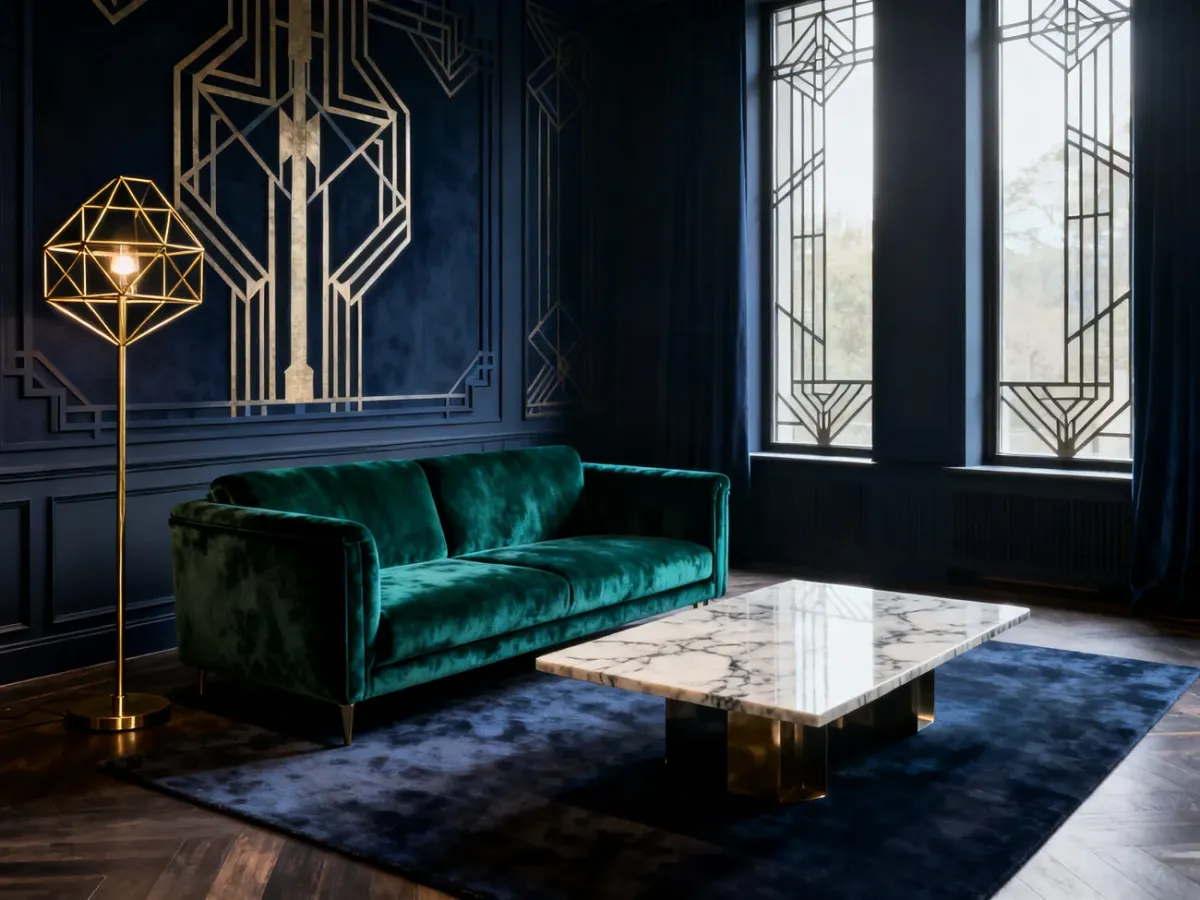 Nastrojowy salon art déco z granatową ścianą, szmaragdową sofą i mosiężną lampą