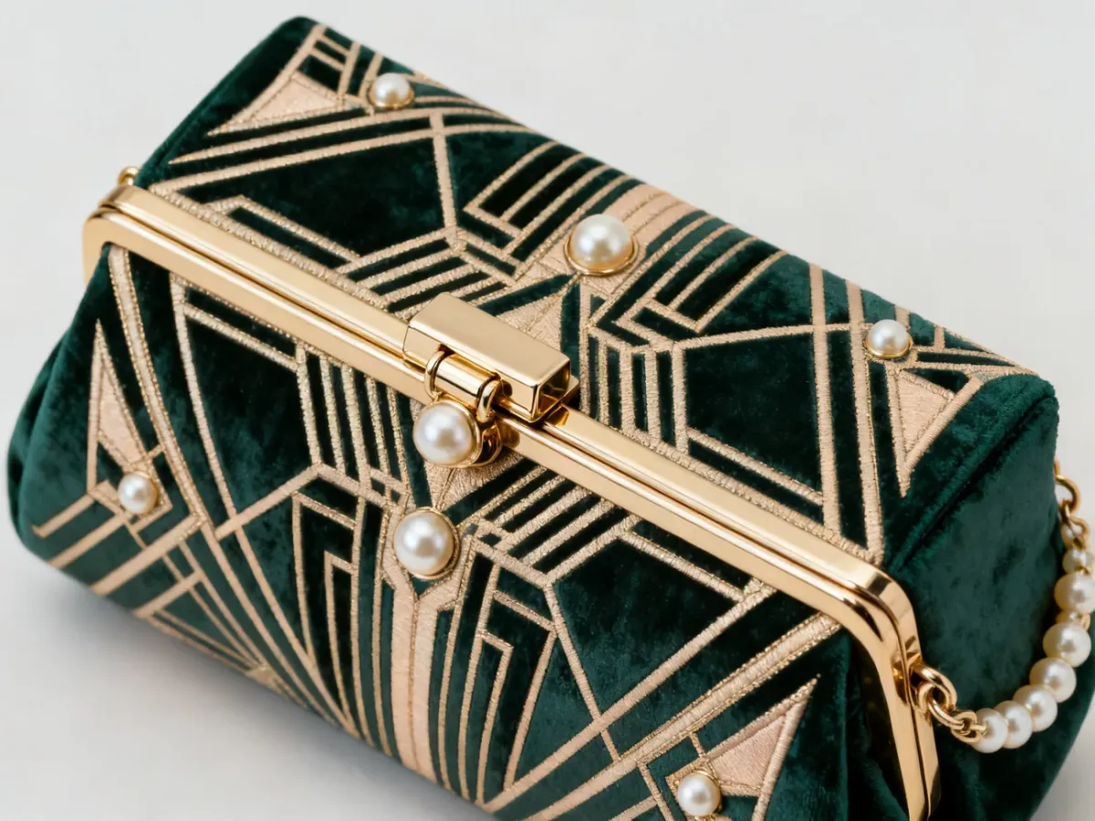 Elegancka torebka art deco z geometrycznymi zdobieniami i metalowym zapięciem