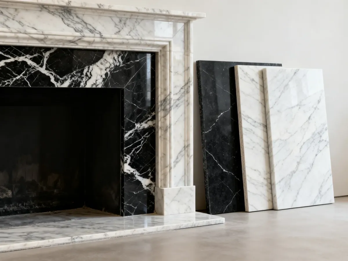Różne odmiany marmuru zestawione przy kominku art déco