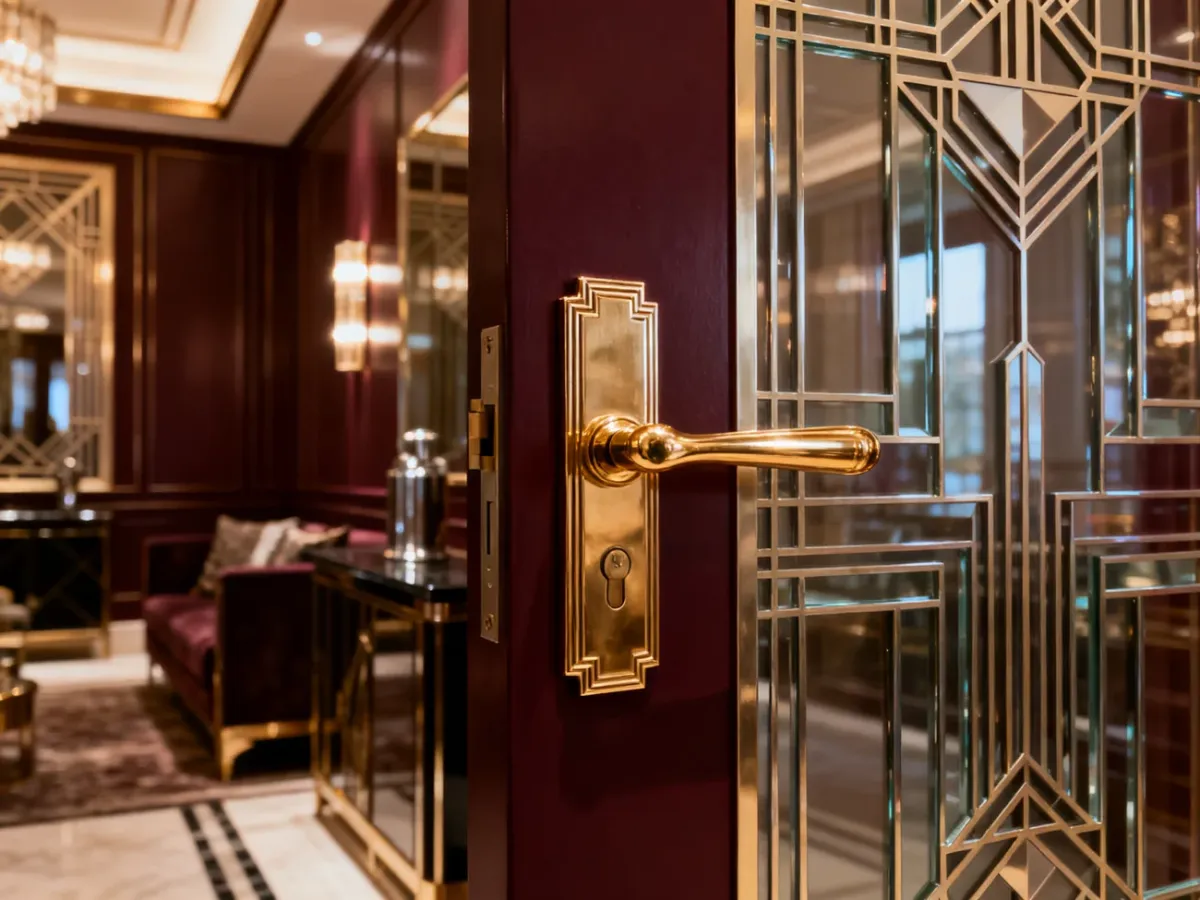Dekoracyjne drzwi Art Deco z przeszkleniami i złotą klamką